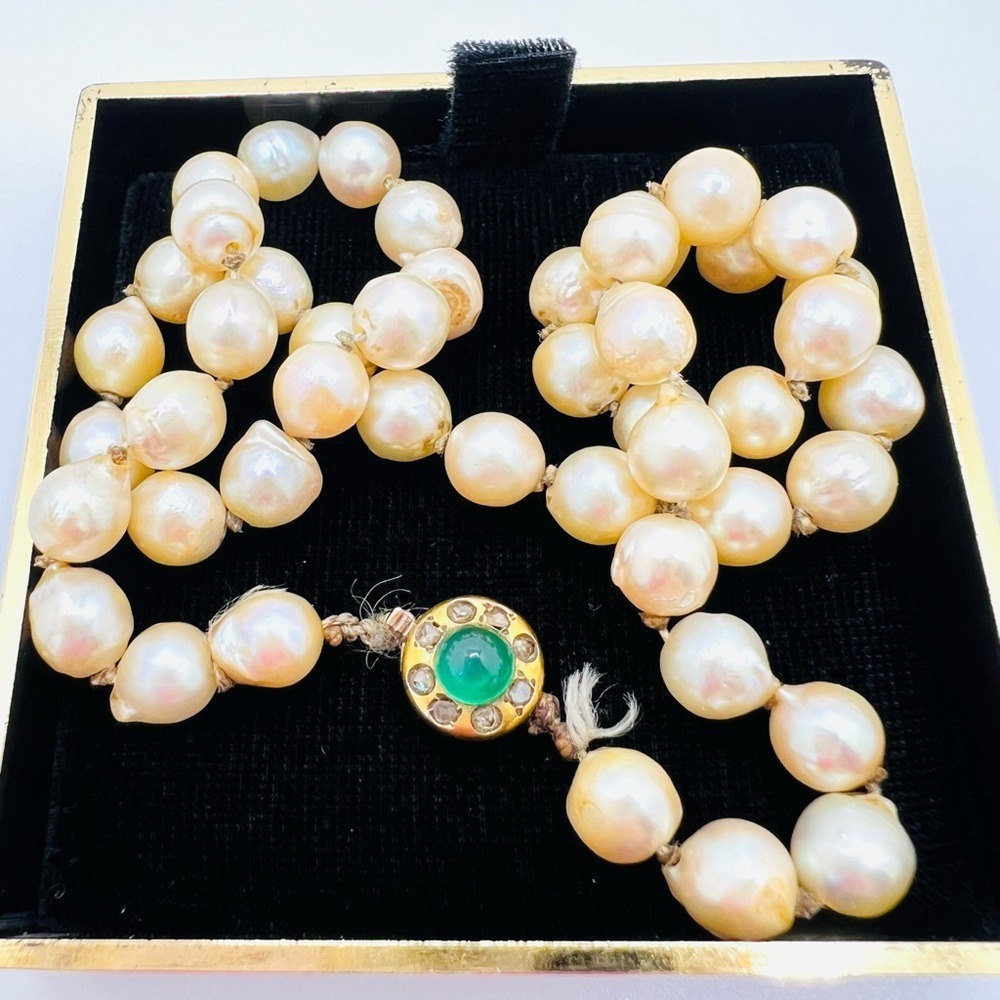 Georgian Saltwater Pearl 14k Gold Cabochon Emerald & Rose Cut Diamond Necklace